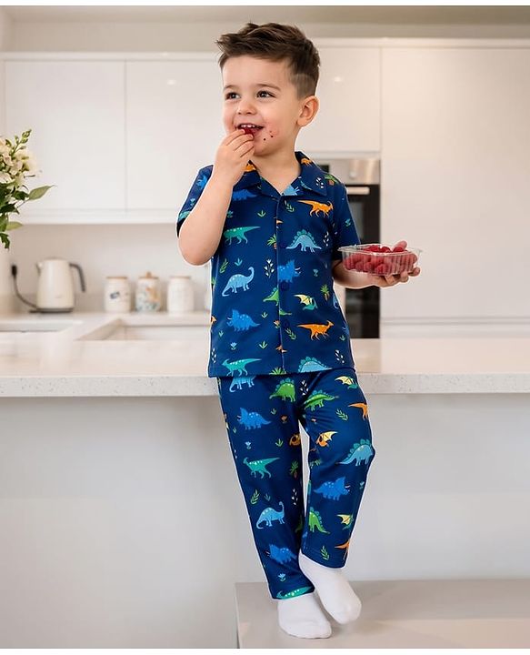 Babyhug 100% Cotton Knit Half Sleeves Shirt & Pyjama Night Suit Co-ords With Dino Print - Blue