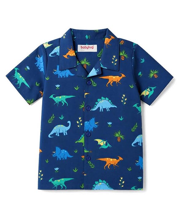 Babyhug 100% Cotton Knit Half Sleeves Shirt & Pyjama Night Suit Co-ords With Dino Print - Blue
