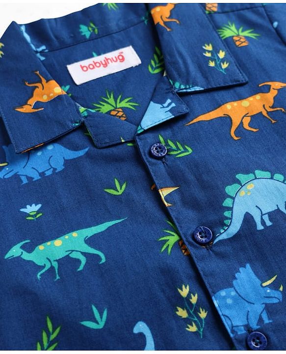 Babyhug 100% Cotton Knit Half Sleeves Shirt & Pyjama Night Suit Co-ords With Dino Print - Blue