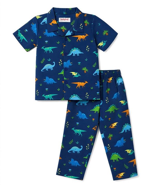 Babyhug 100% Cotton Knit Half Sleeves Shirt & Pyjama Night Suit Co-ords With Dino Print - Blue