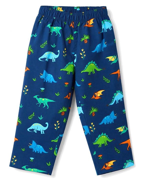 Babyhug 100% Cotton Knit Half Sleeves Shirt & Pyjama Night Suit Co-ords With Dino Print - Blue