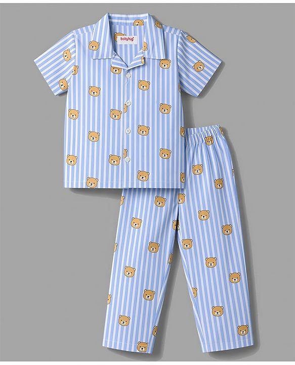 Babyhug 100% Cotton Knit Half Sleeves Striped & Bear Printed Co-Ords Shirt & Pyjama Night Suit - Light Blue