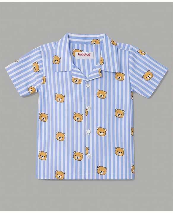 Babyhug 100% Cotton Knit Half Sleeves Striped & Bear Printed Co-Ords Shirt & Pyjama Night Suit - Light Blue