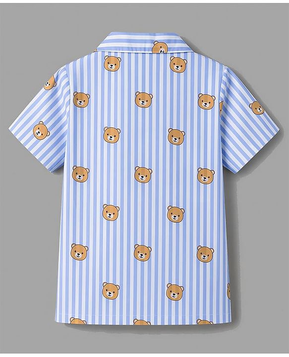 Babyhug 100% Cotton Knit Half Sleeves Striped & Bear Printed Co-Ords Shirt & Pyjama Night Suit - Light Blue