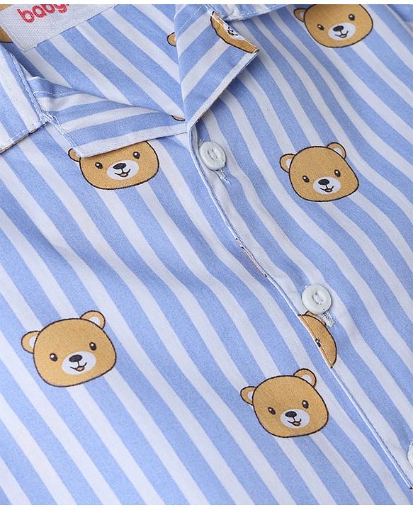Babyhug 100% Cotton Knit Half Sleeves Striped & Bear Printed Co-Ords Shirt & Pyjama Night Suit - Light Blue