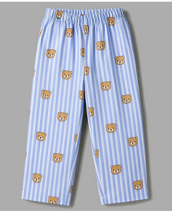 Babyhug 100% Cotton Knit Half Sleeves Striped & Bear Printed Co-Ords Shirt & Pyjama Night Suit - Light Blue
