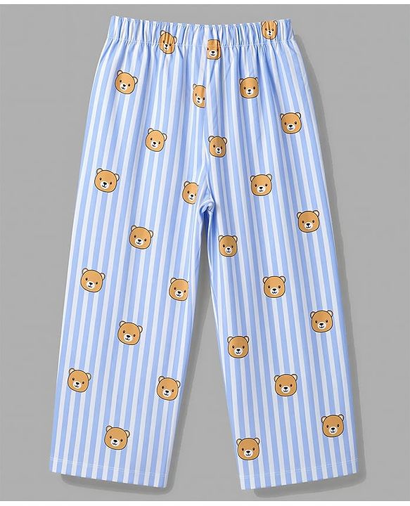 Babyhug 100% Cotton Knit Half Sleeves Striped & Bear Printed Co-Ords Shirt & Pyjama Night Suit - Light Blue