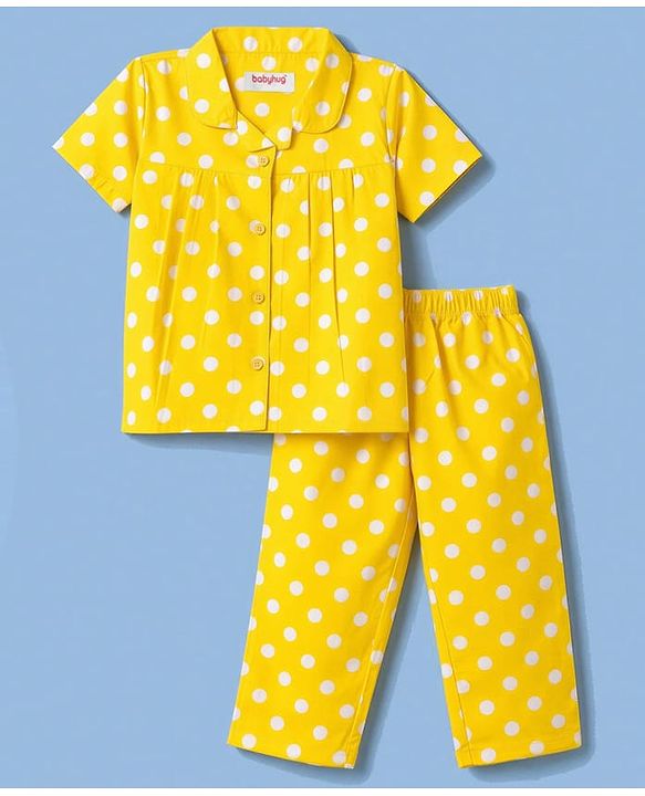 Babyhug 100% Cotton Knit Half Sleeves Top & Pyjama Night Suit Co-ords With Polka Dots - Yellow