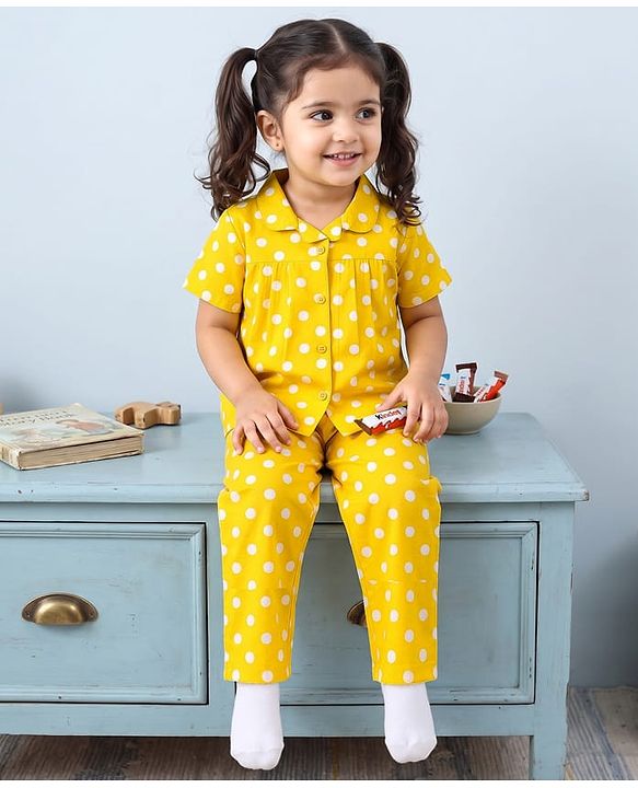 Babyhug 100% Cotton Knit Half Sleeves Top & Pyjama Night Suit Co-ords With Polka Dots - Yellow
