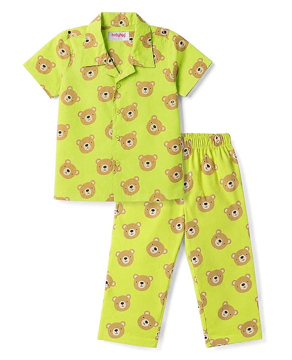 Babyhug Cotton Knit Half Sleeves Bear Printed Co-Ords Shirt & Pyjama Night Suit - Lime Green