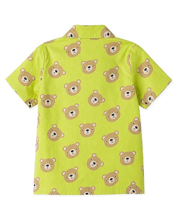 Babyhug Cotton Knit Half Sleeves Bear Printed Co-Ords Shirt & Pyjama Night Suit - Lime Green