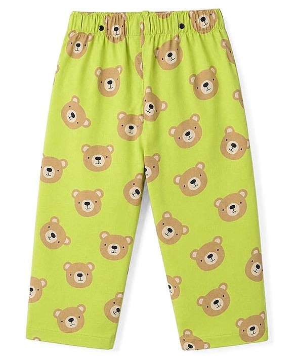 Babyhug Cotton Knit Half Sleeves Bear Printed Co-Ords Shirt & Pyjama Night Suit - Lime Green