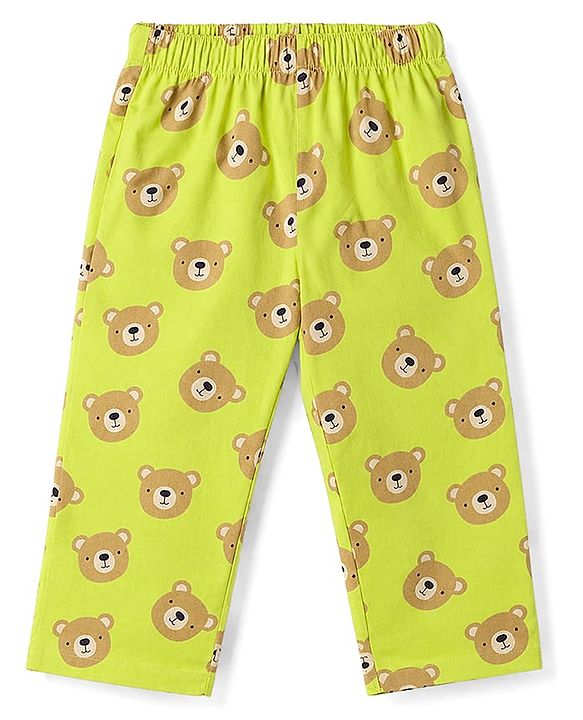 Babyhug Cotton Knit Half Sleeves Bear Printed Co-Ords Shirt & Pyjama Night Suit - Lime Green
