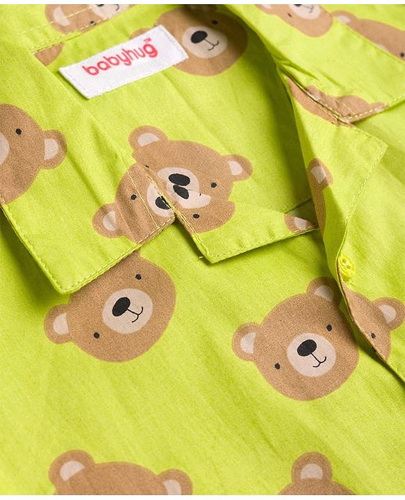 Babyhug Cotton Knit Half Sleeves Bear Printed Co-Ords Shirt & Pyjama Night Suit - Lime Green