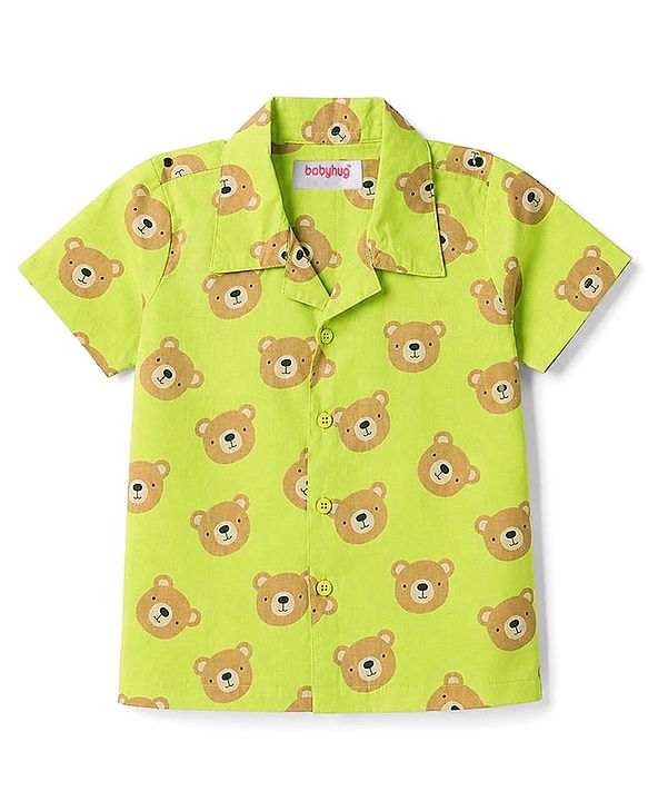 Babyhug Cotton Knit Half Sleeves Bear Printed Co-Ords Shirt & Pyjama Night Suit - Lime Green
