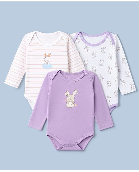Babyhug 100% Cotton Interlock Knit Onesies with Rabbit Print Pack of 3 in Purple & White