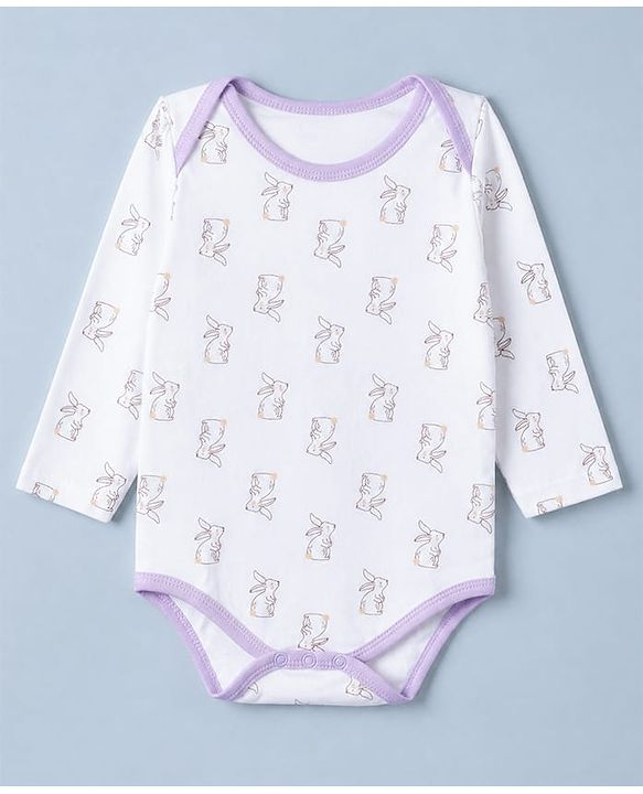 Babyhug 100% Cotton Interlock Knit Onesies with Rabbit Print Pack of 3 in Purple & White