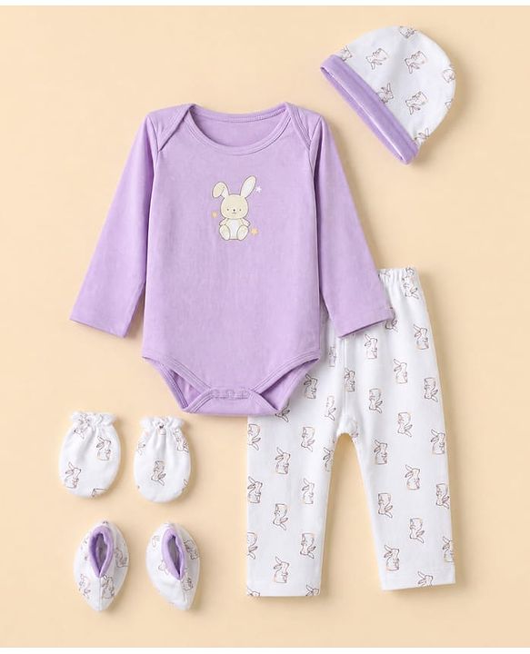 Babyhug 100% Cotton Interlock Knit Full Sleeves Rabbit Printed Onesie with Leggings & Cap Mittens and Booties - Purple