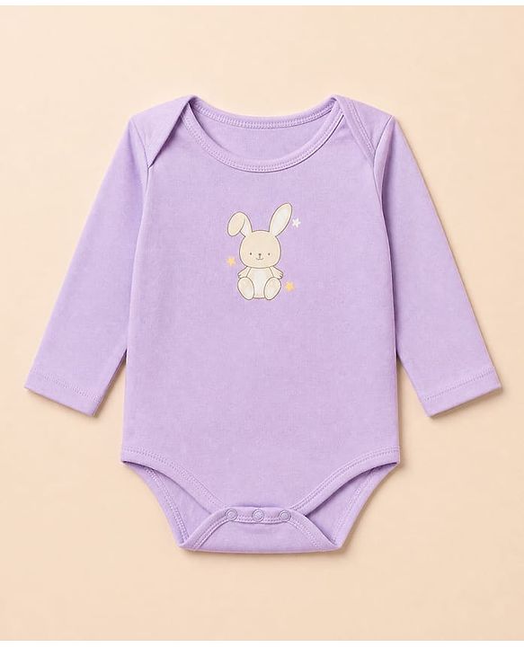 Babyhug 100% Cotton Interlock Knit Full Sleeves Rabbit Printed Onesie with Leggings & Cap Mittens and Booties - Purple