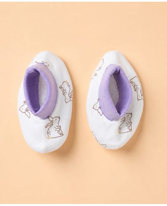 Babyhug 100% Cotton Interlock Knit Full Sleeves Rabbit Printed Onesie with Leggings & Cap Mittens and Booties - Purple