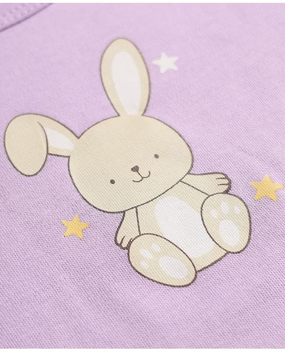 Babyhug 100% Cotton Interlock Knit Full Sleeves Rabbit Printed Onesie with Leggings & Cap Mittens and Booties - Purple