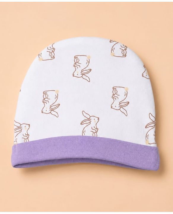 Babyhug 100% Cotton Interlock Knit Full Sleeves Rabbit Printed Onesie with Leggings & Cap Mittens and Booties - Purple