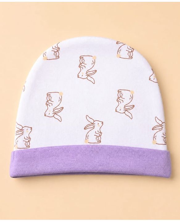 Babyhug 100% Cotton Interlock Knit Full Sleeves Rabbit Printed Onesie with Leggings & Cap Mittens and Booties - Purple