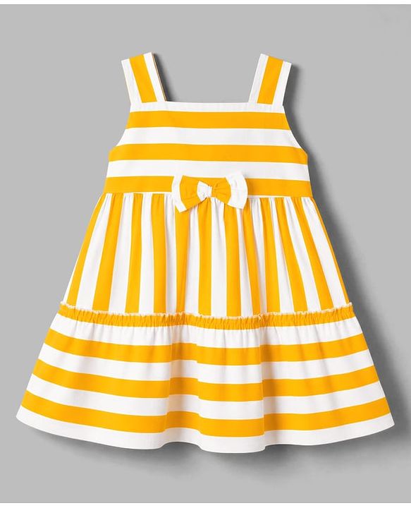 Babyhug Poplin Woven Sleeveless Striped Frock With Bow Applique - Yellow