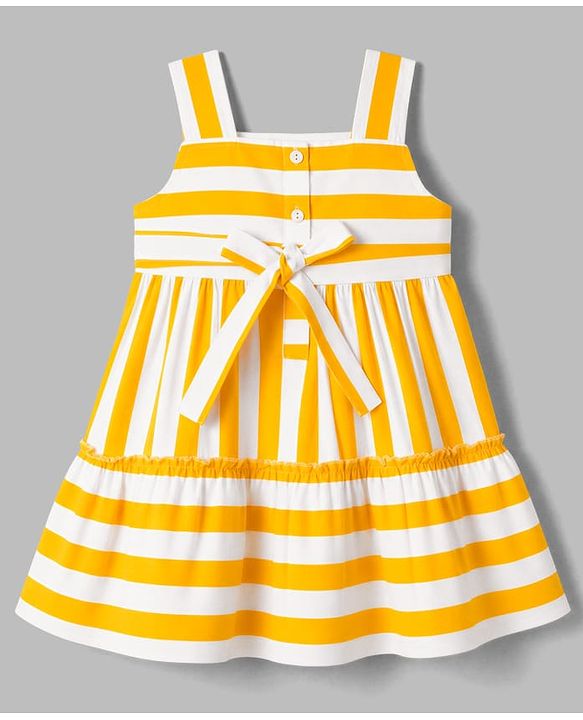 Babyhug Poplin Woven Sleeveless Striped Frock With Bow Applique - Yellow