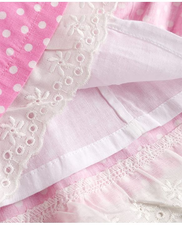 Babyhug 100% Cotton Woven Half Sleeves Polka Dots Printed & Striped Tiered Frock With Lace Detailing - Pink