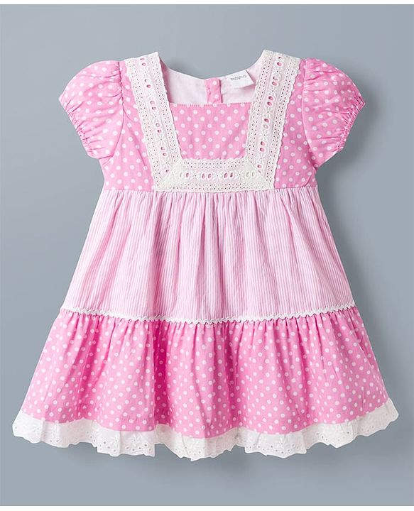 Babyhug 100% Cotton Woven Half Sleeves Polka Dots Printed & Striped Tiered Frock With Lace Detailing - Pink