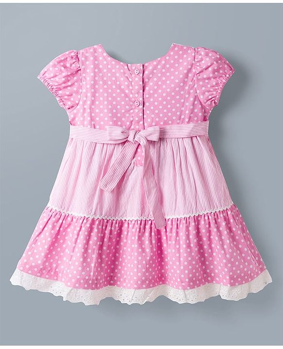 Babyhug 100% Cotton Woven Half Sleeves Polka Dots Printed & Striped Tiered Frock With Lace Detailing - Pink
