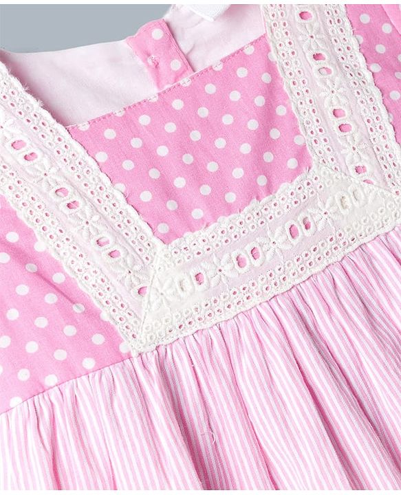 Babyhug 100% Cotton Woven Half Sleeves Polka Dots Printed & Striped Tiered Frock With Lace Detailing - Pink