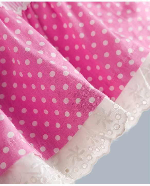 Babyhug 100% Cotton Woven Half Sleeves Polka Dots Printed & Striped Tiered Frock With Lace Detailing - Pink