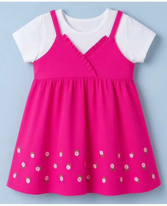 Babyhug 100% Cotton Woven Frocks with Inner Tee with Half Sleeves and Floral Embroidery - Pink