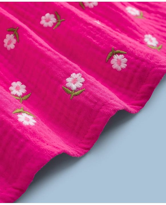 Babyhug 100% Cotton Woven Frocks with Inner Tee with Half Sleeves and Floral Embroidery - Pink