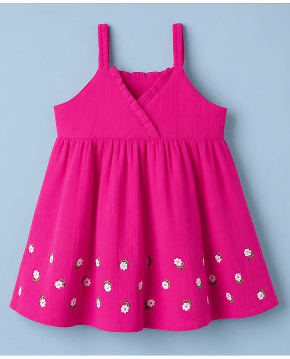 Babyhug 100% Cotton Woven Frocks with Inner Tee with Half Sleeves and Floral Embroidery - Pink