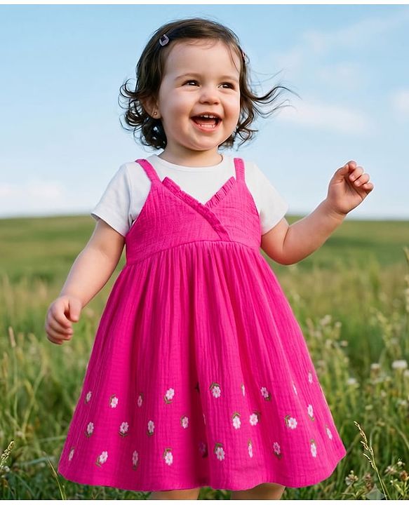 Babyhug 100% Cotton Woven Frocks with Inner Tee with Half Sleeves and Floral Embroidery - Pink