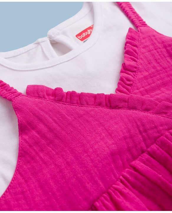 Babyhug 100% Cotton Woven Frocks with Inner Tee with Half Sleeves and Floral Embroidery - Pink