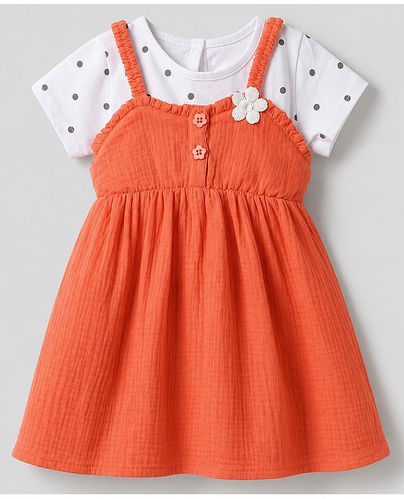 Babyhug Cotton Woven Half Sleeves Polka Dots & Floral Applique Frock With Inner Tee - Coral