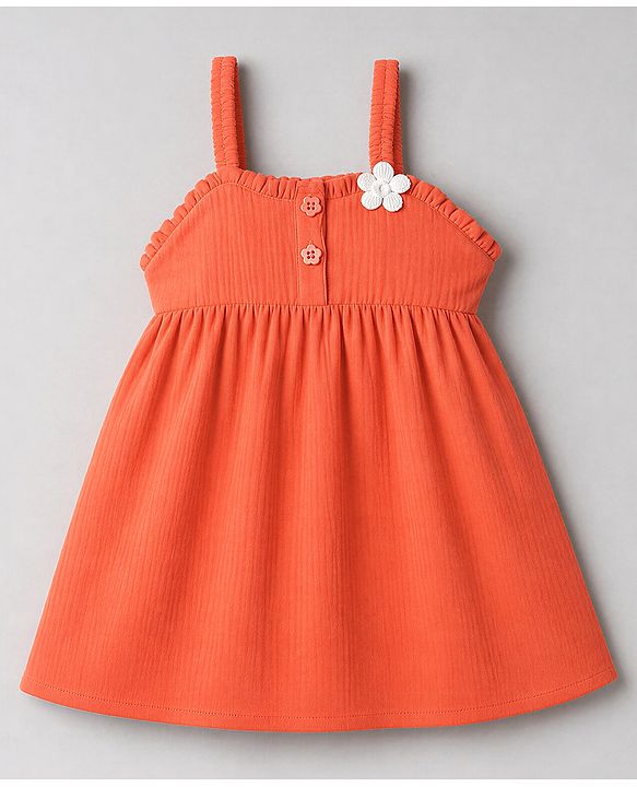 Babyhug Cotton Woven Half Sleeves Polka Dots & Floral Applique Frock With Inner Tee - Coral
