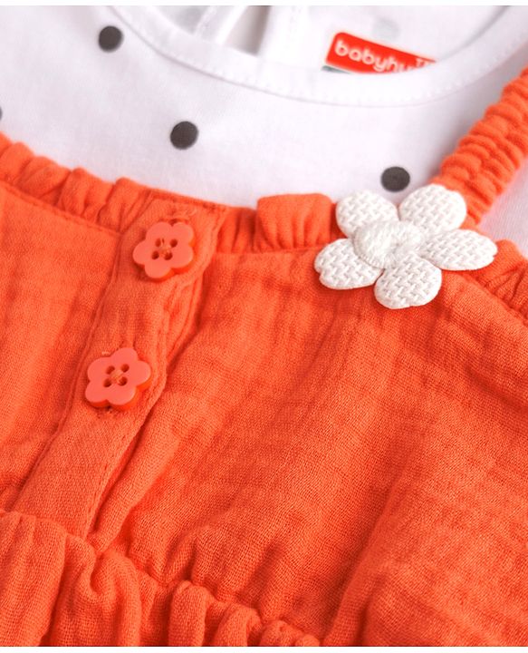 Babyhug Cotton Woven Half Sleeves Polka Dots & Floral Applique Frock With Inner Tee - Coral