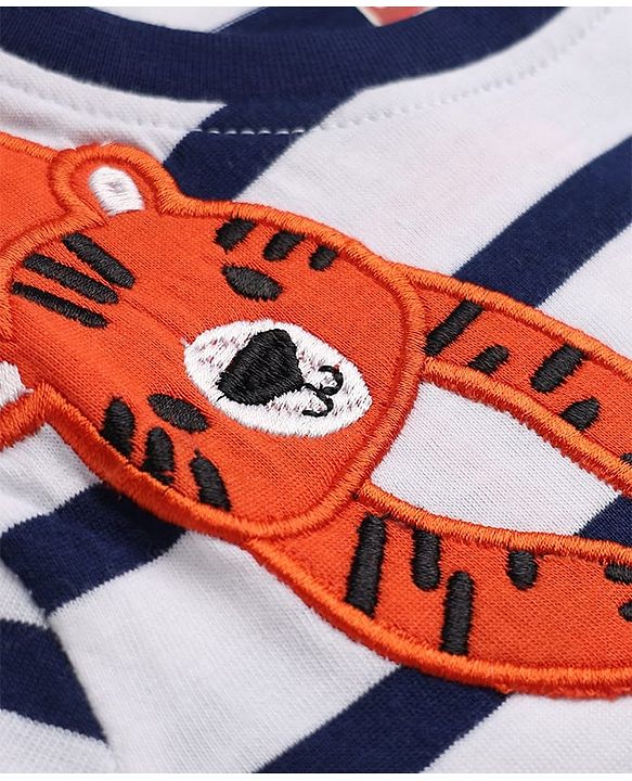 Babyhug 100% Cotton Knit Striped T-Shirt with Full Sleeves and Tiger, Elephant, Koala Applique in White