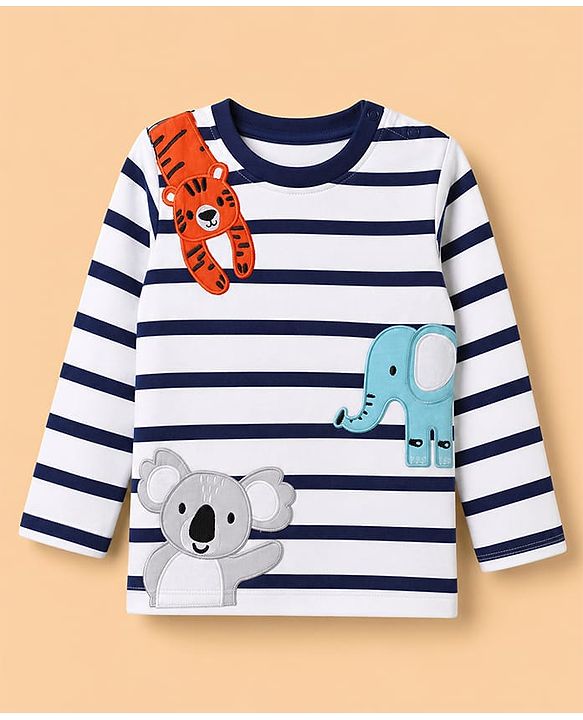 Babyhug 100% Cotton Knit Striped T-Shirt with Full Sleeves and Tiger, Elephant, Koala Applique in White