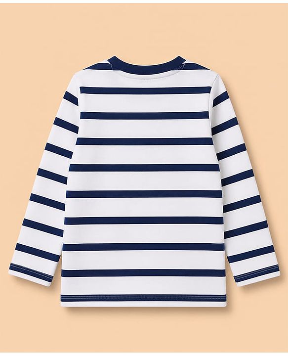 Babyhug 100% Cotton Knit Striped T-Shirt with Full Sleeves and Tiger, Elephant, Koala Applique in White