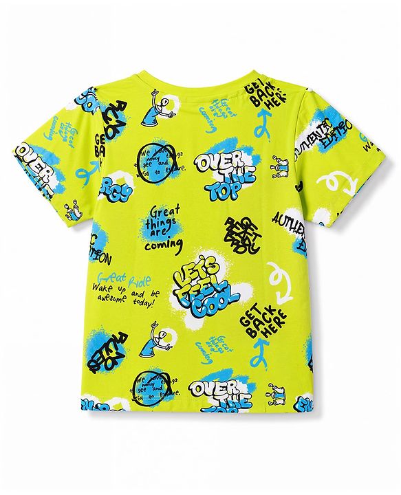 Pine Kids Cotton Knit Half Sleeves Text Printed Co-Ords T-Shirt & Pyjama Night Suit - Neon Green