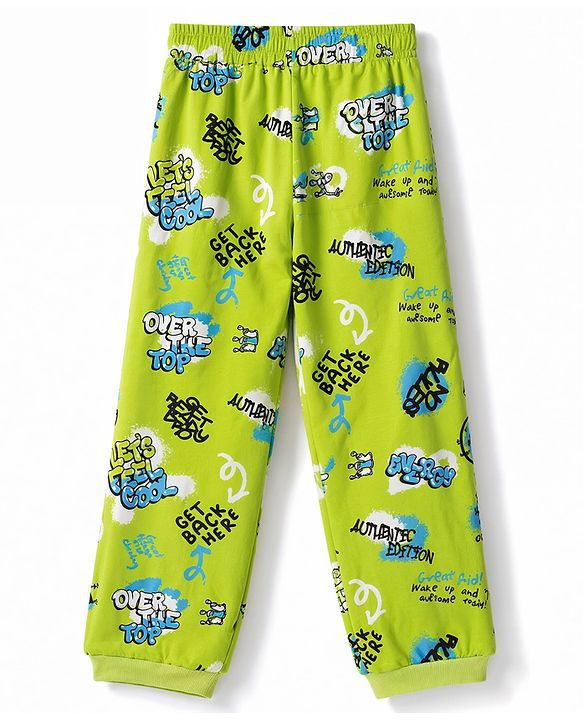 Pine Kids Cotton Knit Half Sleeves Text Printed Co-Ords T-Shirt & Pyjama Night Suit - Neon Green