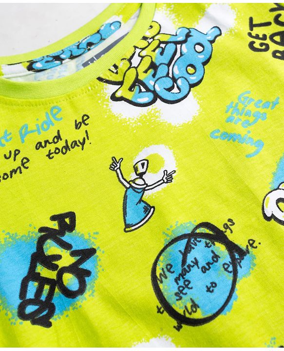 Pine Kids Cotton Knit Half Sleeves Text Printed Co-Ords T-Shirt & Pyjama Night Suit - Neon Green