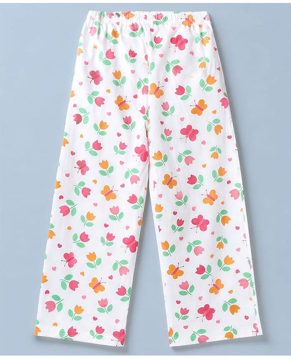Pine Kids Cotton Knit Half Sleeves Co-Ords Top & Pyjama Night Suit with Butterfly & Floral Print - White