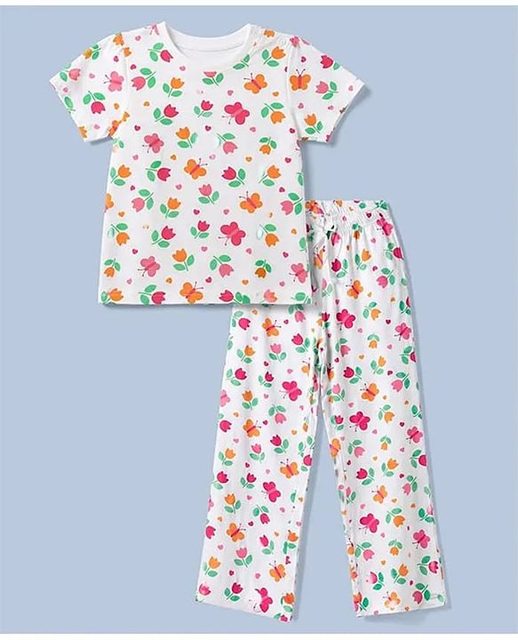 Pine Kids Cotton Knit Half Sleeves Co-Ords Top & Pyjama Night Suit with Butterfly & Floral Print - White